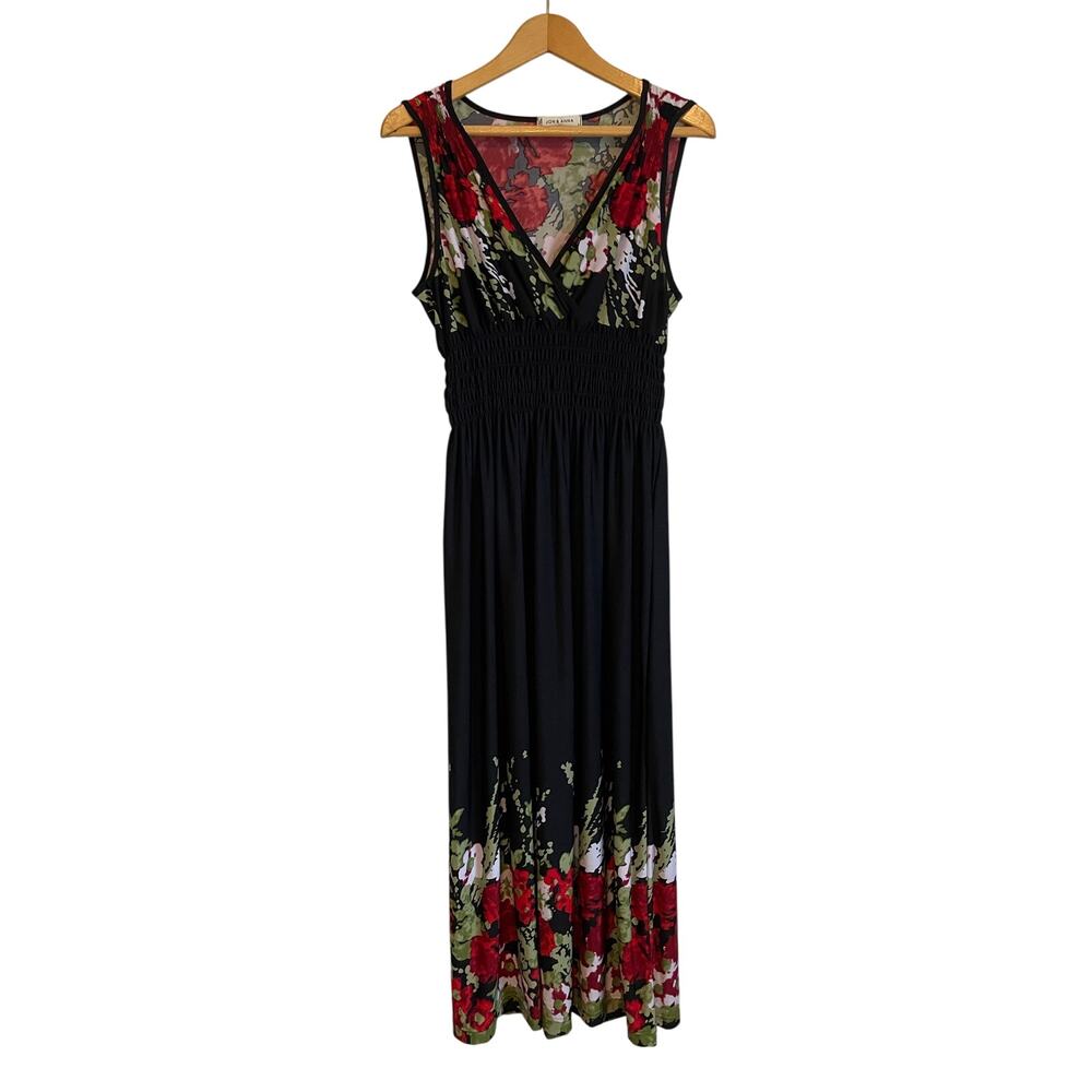Jon & Anna red black floral maxi dress liquid knit babydoll y2k smocking Large